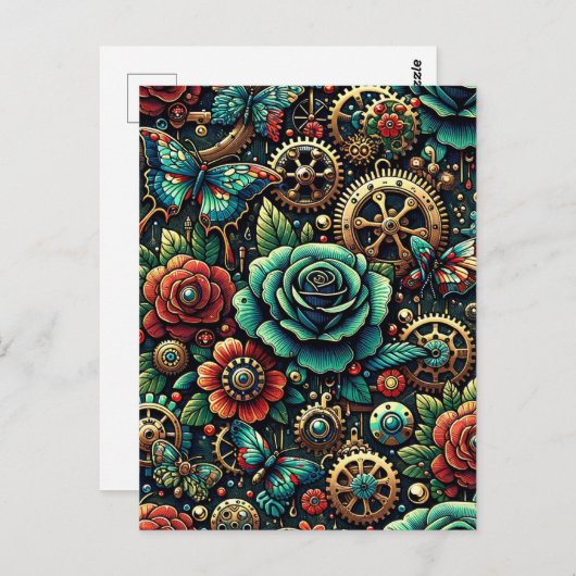 Prachtige Steampunk Thema Gears en Rozen Briefkaart (Voorkant / Achterkant)