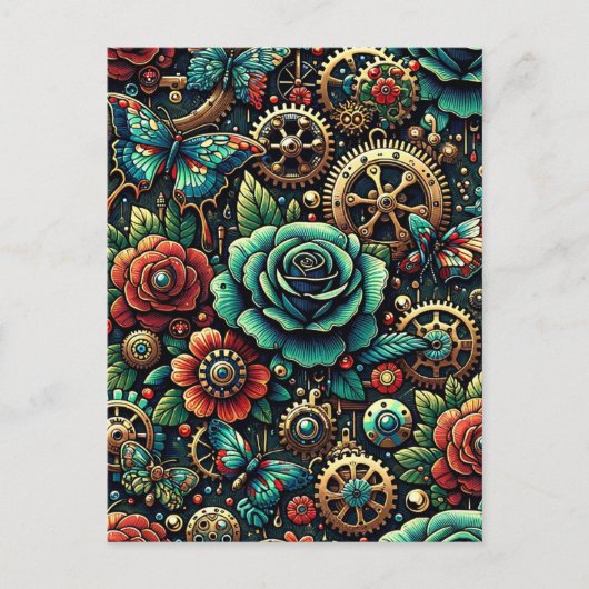 Prachtige Steampunk Thema Gears en Rozen Briefkaart (Voorkant)