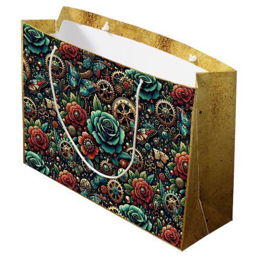 Prachtige Steampunk Thema Gears en Rozen Groot Cadeauzakje (Achterkant Gekanteld)