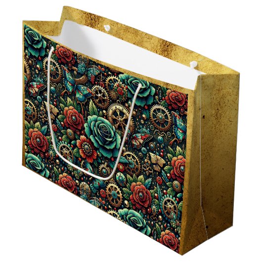 Prachtige Steampunk Thema Gears en Rozen Groot Cadeauzakje (Voorkant Gekanteld)