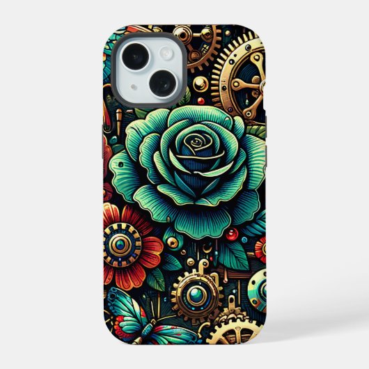 Prachtige Steampunk Thema Gears en Rozen iPhone 15 Case (Achterkant)