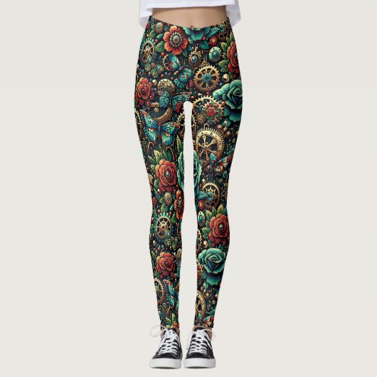 Prachtige Steampunk Thema Gears en Rozen Leggings (Voorkant)
