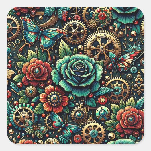 Prachtige Steampunk Thema Gears en Rozen Vierkante Sticker (Voorkant)