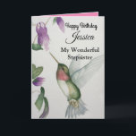 Prachtige stiefzus Happy Birthday Hummingbird Kaart<br><div class="desc">Vier haar verjaardag met een mooie kolibrie waterverf kaart voor je geweldige stiefzus. De zoete vogel- en tuinbloemen zijn ontworpen met zachte kleuren van groen,  crème en roze. De stijlvolle en modieuze kaart is vol oude liefde,  vreugde en gelukkige wensen.</div>