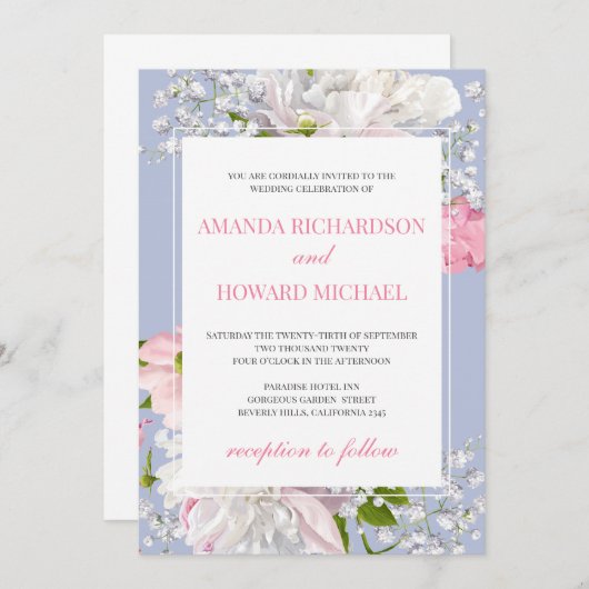 Prachtige stoffige blauwe en blush roze bloemenbru kaart (Voorkant / Achterkant)