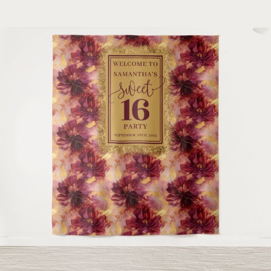 Prachtige Sweet 16 Blush Bourgogne Gold Banner Wandkleed (Voorkant)