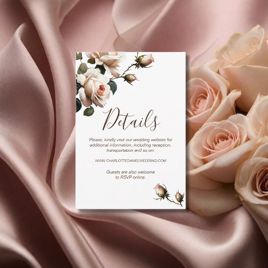 Prachtige Tea Roos bruiloft details Informatiekaartje