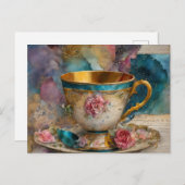Prachtige Teacup Mixed Media Collage Schilderij Briefkaart (Voorkant / Achterkant)