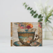 Prachtige Teacup Mixed Media Collage Schilderij Briefkaart (Staand voorkant)