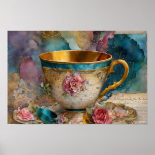Prachtige Teacup Mixed Media Collage Schilderij Poster