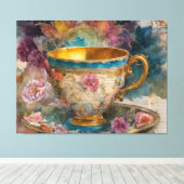 Prachtige Teacup Mixed Media Schilderij Canvas Afdruk (Insitu (Houten vloer))