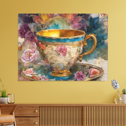 Prachtige Teacup Mixed Media Schilderij Canvas Afdruk (Insitu (Woonkamer))