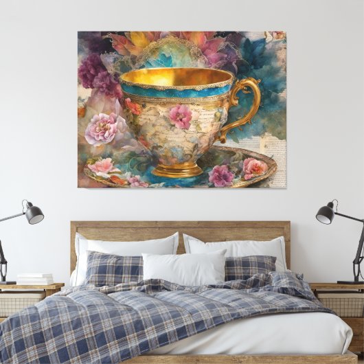 Prachtige Teacup Mixed Media Schilderij Canvas Afdruk (Insitu (Slaapkamer))