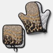 Prachtige teedy Leopard Faux Dierendruk Ovenwant & Pannenlap Set (Voorkant / Achterkant)