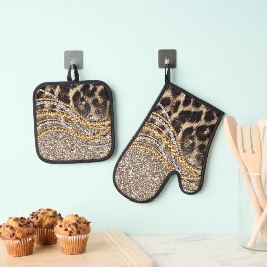 Prachtige teedy Leopard Faux Dierendruk Ovenwant & Pannenlap Set (Insitu(Ophanging))