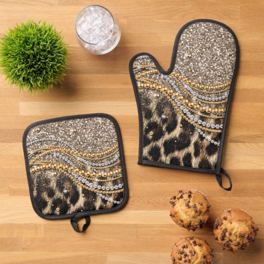 Prachtige teedy Leopard Faux Dierendruk Ovenwant & Pannenlap Set (Top down)