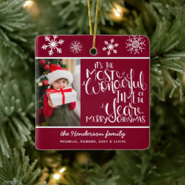 Prachtige Tijd & Prettig Kerstmis Foto Burgundy Keramisch Ornament