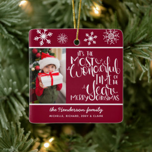 Prachtige Tijd & Prettig Kerstmis Foto Burgundy Keramisch Ornament