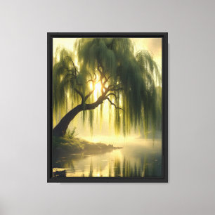 Prachtige treurwilg bij een vijver canvas afdruk