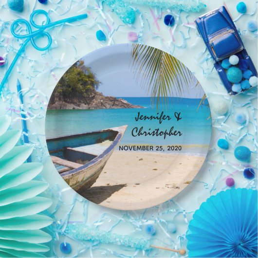 Prachtige Tropische Beach met een roeiboot bruilof Papieren Bordje (Feest)