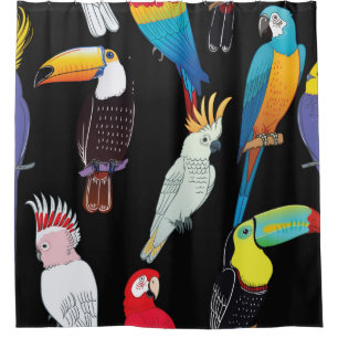 Prachtige tropische papegaaivogels, gebruik douchegordijn