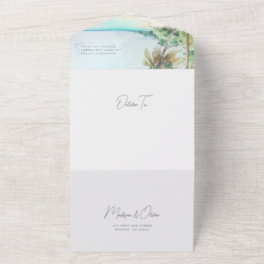 Prachtige tropische strand palmbomen eiland all in one uitnodiging (Buitenkant)