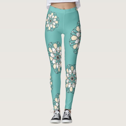 Prachtige Turquoise Big White Flowers Woman Leggings (Voorkant)