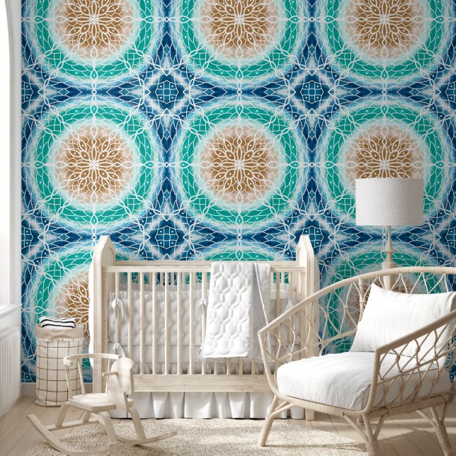 Prachtige Turquoise en Blue Beachy Mandala Behang (Kinderen)