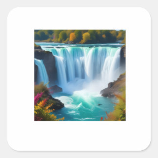 Prachtige Turquoise Waterval | Herfst Natuur Muur Vierkante Sticker