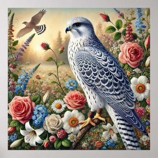 Prachtige valk zit tussen levendige bloemen poster (Voorkant)