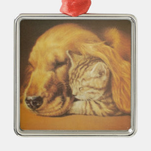 Prachtige verbazingwekkende kat en hond knuffelen  metalen ornament