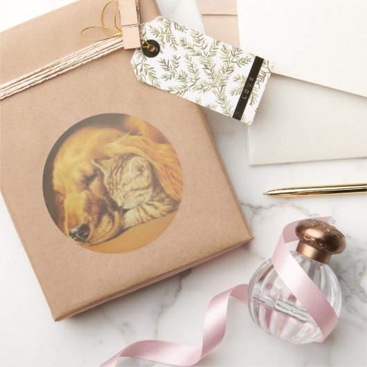 Prachtige verbazingwekkende kat en hond knuffelen  ronde sticker (Geschenken)
