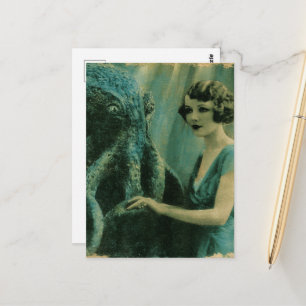 Prachtige vintage dame en een zeemonster briefkaart
