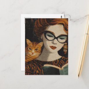 Prachtige vintage dame en haar kat lezend briefkaart