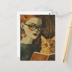Prachtige vintage dame en haar kat lezend briefkaart