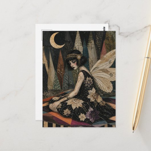 Prachtige vintage fee mixed media collage briefkaart (Voorkant / Achterkant in situ)