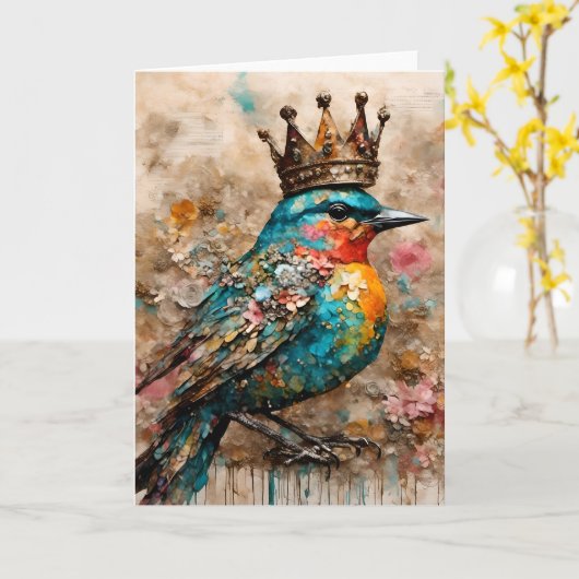 Prachtige vogel in een kroon kaart (Gele Bloem)