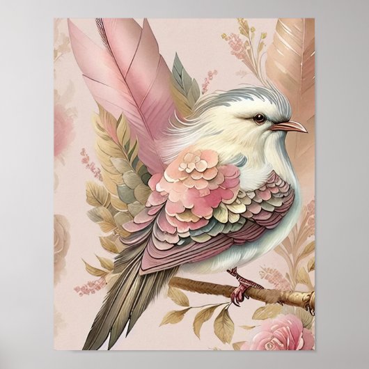 Prachtige vogelprint roze ivoor veren Rozen Poster (Voorkant)