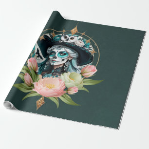 Prachtige vrouw met een prachtige suiker schedel m cadeaupapier