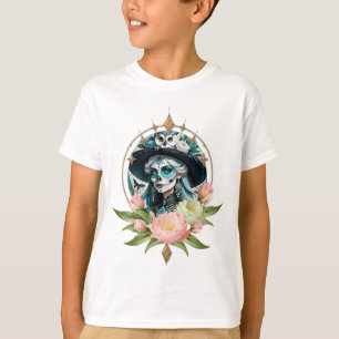 Prachtige vrouw met een prachtige suiker schedel m t-shirt
