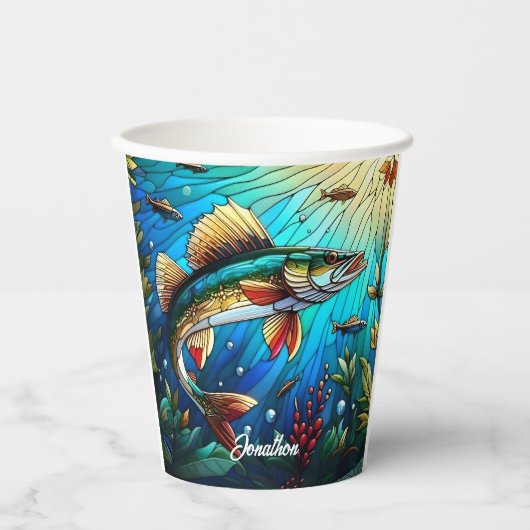 Prachtige Walleye Pike in Lake Papieren Bekers (Voorkant)