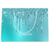Prachtige waterblauwe munt en turquoise glitter dr groot cadeauzakje (Voorkant)