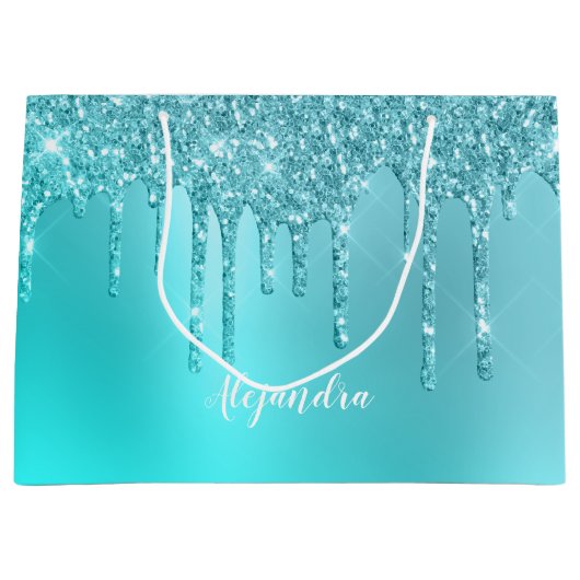 Prachtige waterblauwe munt en turquoise glitter dr groot cadeauzakje (Voorkant)