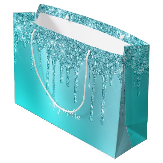 Prachtige waterblauwe munt en turquoise glitter dr groot cadeauzakje (Achterkant Gekanteld)