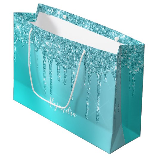 Prachtige waterblauwe munt en turquoise glitter dr groot cadeauzakje (Voorkant Gekanteld)