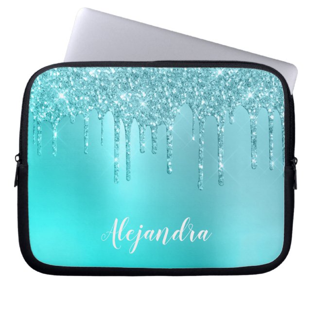 Prachtige waterblauwe munt en turquoise glitter dr laptop sleeve (Voorkant)