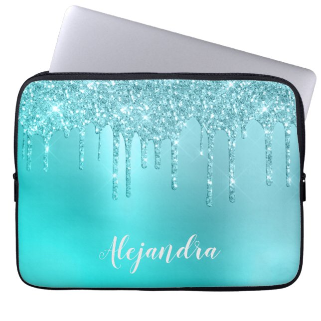Prachtige waterblauwe munt en turquoise glitter dr laptop sleeve (Voorkant)