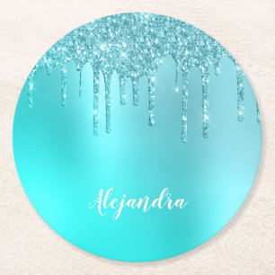 Prachtige waterblauwe munt en turquoise glitter dr ronde kartonnen onderzetter