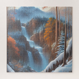 Prachtige waterval in een besneeuwd bos legpuzzel