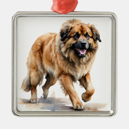PRACHTIGE WATERVERF BRUINE LEONBERGER HOND METALEN ORNAMENT